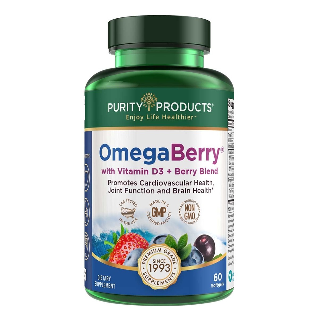 Renhed Produkter OmegaBerry Fish Oil med vitamin D3 og Organic Acai - 1250mg koncentreret Molekulært Destilleret Ultra Pure Omega-3 Fish Oil, 500mg DHA + 650mg EPA - 60 Soft Gels - 30 dages forsyning fra
