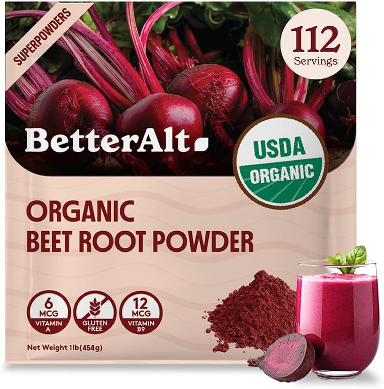 Bedre Alt Organic Beet Root Powder, USDA Certified - Nitrogen oxide supplement, Beet Juice Powder Superfood for Sund Hjerte, Beetroot supplement, Beetroot Powder - 112 Servere, 1 LB