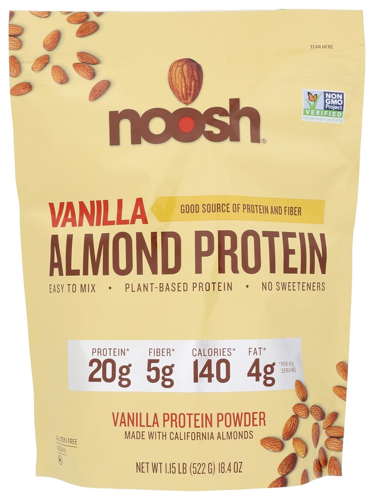 NOOSH Plant Based Almond Protein Powder Vanilla 41 Gram - Vegan Protein Powder, All Natural Ingredients, Non-GMO, Gluten Free, Kosher, Peanut Free, Soy Free, Dairy Free (Vanilla)