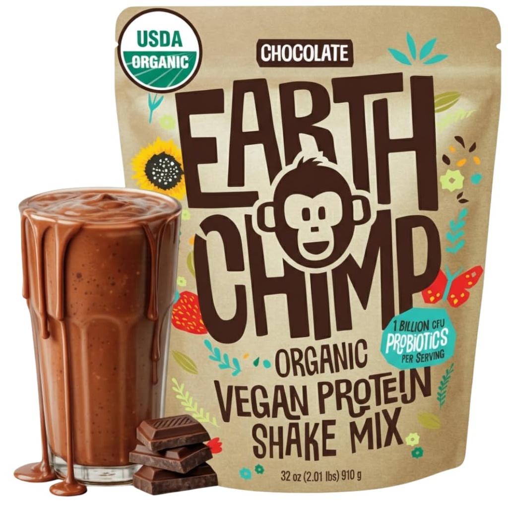 EarthChimp Organic Vegan Protein Powder - with Probiotics - Non GMO, Dairy Free, Non Whey, Plant Based Protein Powder for Women and Men, Gluten Free - 26 Servings 32 Oz (Chocolate)