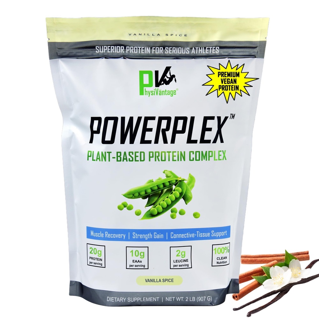 PhysiVantage POWERPLEX Vegan Protein Powder, Collagen Alternative - Organic Plant-Based Pea & Rice Protein, Dairy-Free, Non-GMO, Supports Muscle & Joint Recovery, Monk Fruit Sweetened 2 lb (Vanilla)