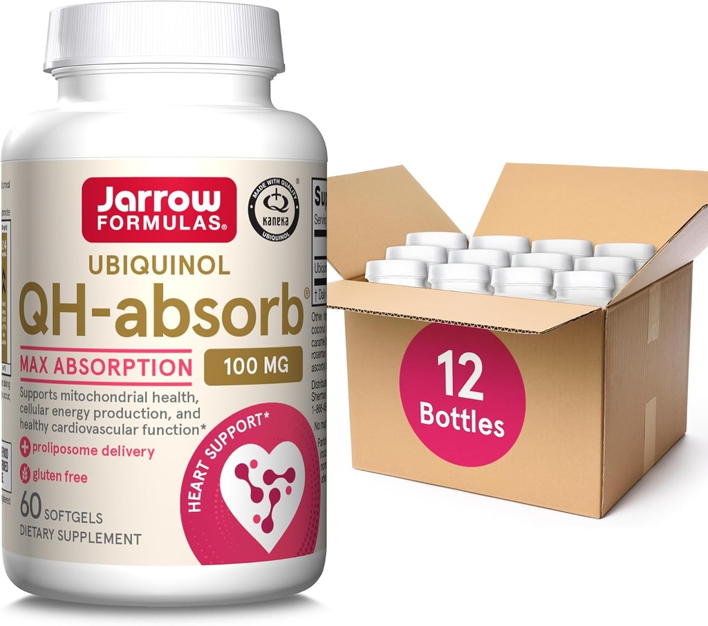 Jarrow Formulas QH- Absorb 100 mg Max Absorption- CoQ10 Ubiquinol- Op til 60 Servering (Softgels) - Understøtter Mitokondriel sundhed, Cellular Energy Production & Sund Kardiovaskulær funktion, pakke med 12