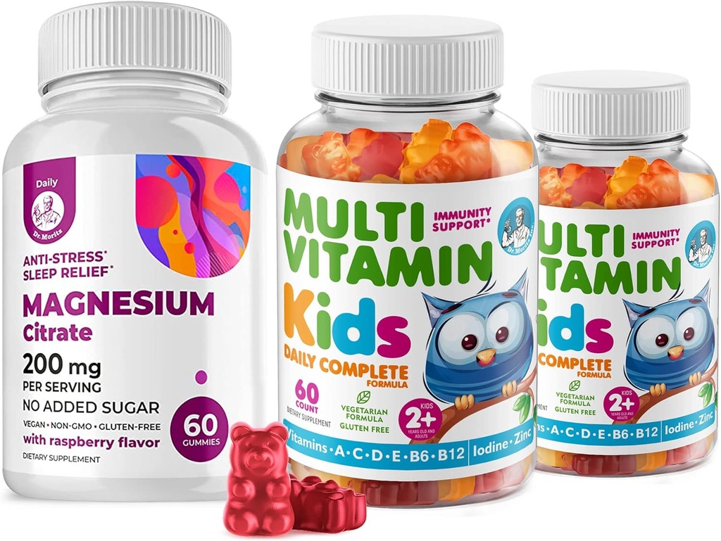 Kids Multivitamin Gummies 14 Essentielle Vitamin og Magnesium Gummies Sugar- Free - Daily Supplement Vitamin A, C, D, E Vegetar B6 & B12, Zink, Biotin med sukkerfri Magnesium Calm Tygge for børn og voksne