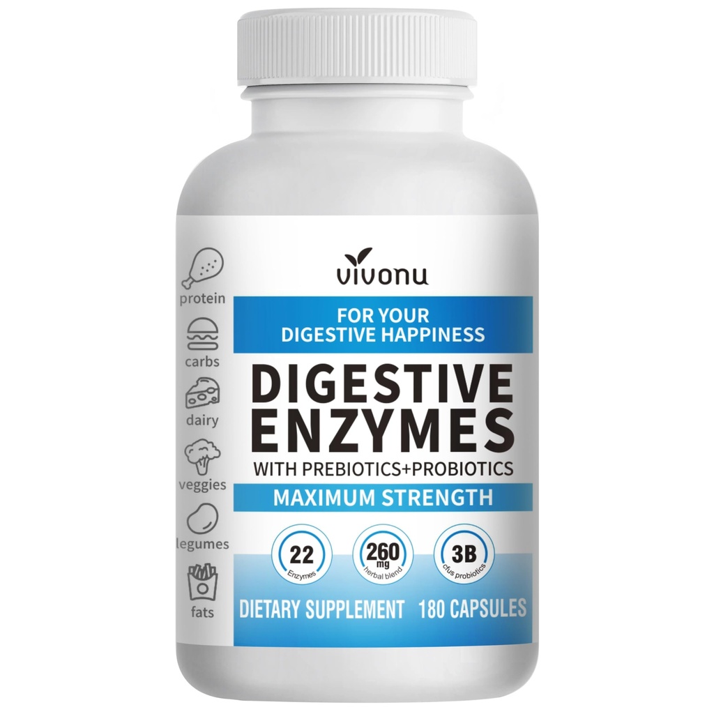 VivoNu Digestive Enzymes | 22 Enzymes with Organic Prebiotics & Probiotics | Supports Digestion* of Protein, Carbs, Fiber & Dairy | 180 Capsules