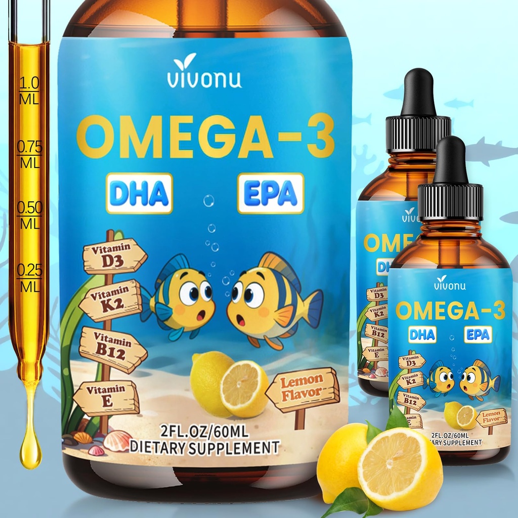 VivoNu Omega 3 for Kids, Children’s DHA Omega 3 6 9 Drops | 600mg Total Omega-3s with EPA & DHA| Brain Development & Mood, Learning - Non-GMO(2Fl Oz)
