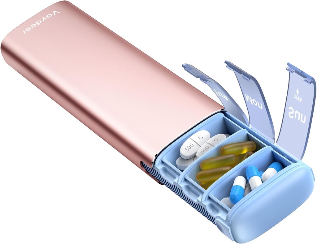 Vayråt Metal Travel Pill Organizer, 7 dages ugentlig Pill Box, Stor kapacitet Daily Cute Pill Case for Supplements, Pills, Vitamin og Medicin (Lille, Rose Gold)