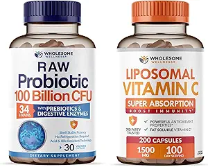 Grossome Wellness Organic Probiotics 100 Millioner CFU, Dr. Formuleret til kvinder og mænd + Liposomal C-vitamin kapsler (200 piller 1500mg buffered) Høj Absorption VIT C Bundle