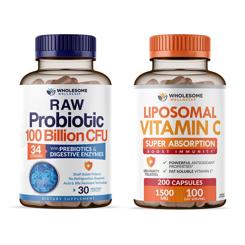 Grossome Wellness Organic Probiotics 100 Millioner CFU, Dr. Formuleret til kvinder og mænd + Liposomal Vitamin C kapsler (200 piller 1500mg buffered) Høj Absorption VIT C Bundle