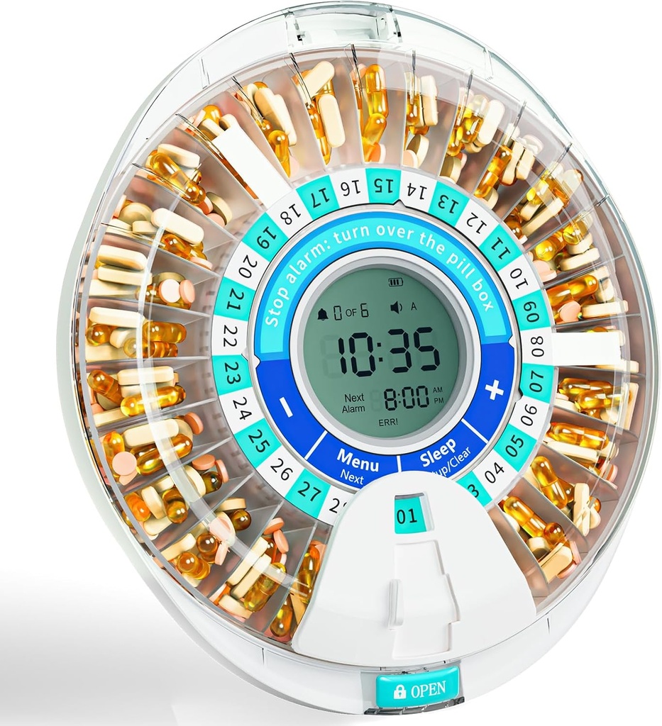 Windtrace Automatic Pill Dispenser til ældre, Electronic Monthly Pill Organizer med Alarm & Light, 28 dages Smart Lock Medication Dispenser, Timet Pill Dispenser Maskine til receptioner og vitaminer