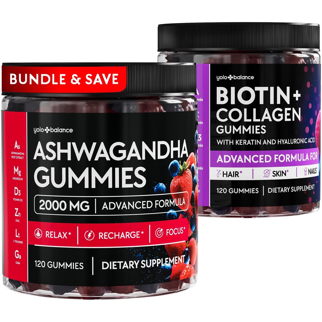 Ashwagandha Gummies 2000mg and Biotin Collagen Gummies 10000mcg Bundle for Women Men Relaxation Hair Growth Skin Nails - Sugar Free Vegan Pectin with Keratin Hyaluronic Acid Magnesium Zinc Vitamin D3