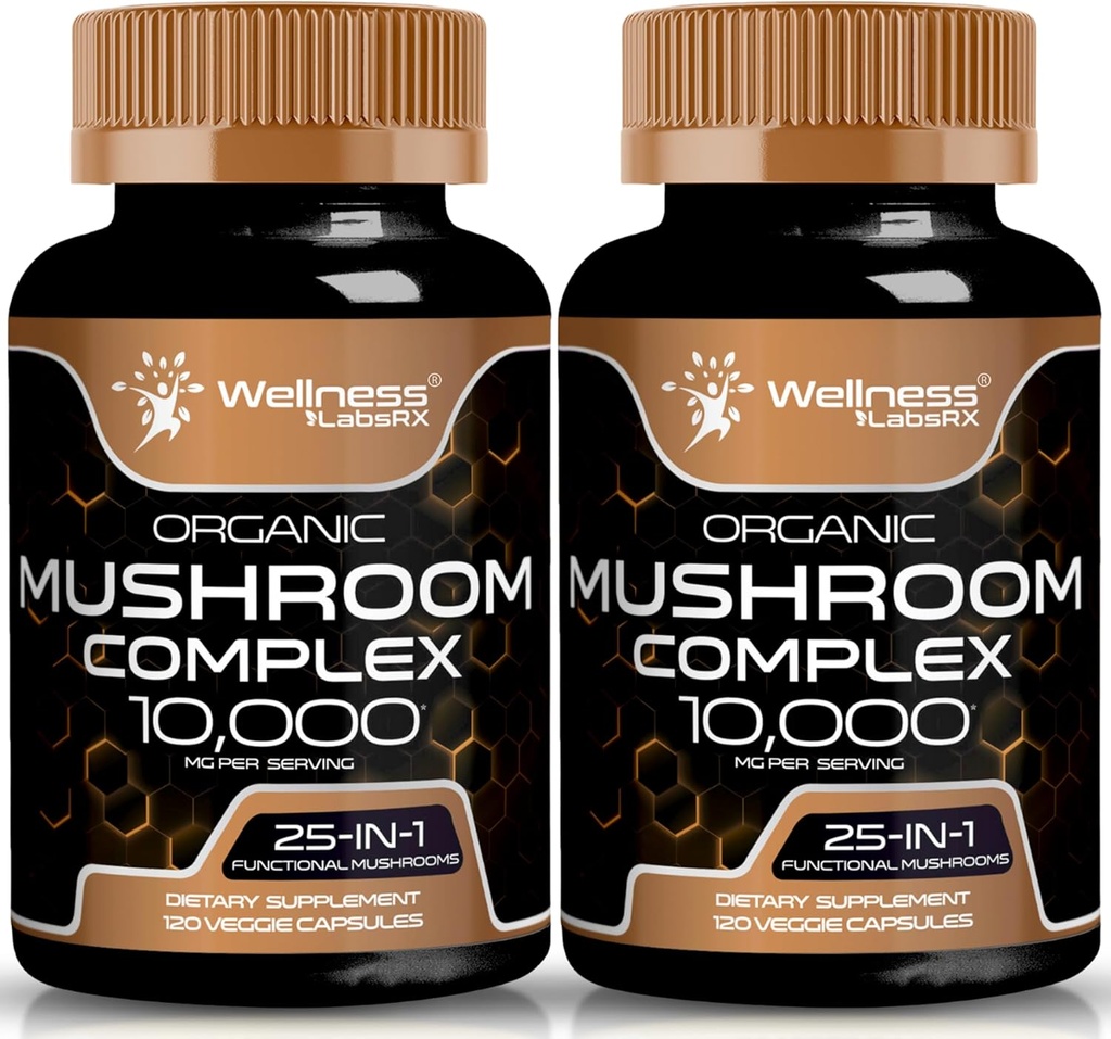 WELLENess LASSRX Mushroom Supplement Kapsler 10: 1 Uddrag, Mushroom Complex Kapsler 1000mg, Lions Mane Supplement med Tyrkiet Hale, Cordyceps, Reishi - 2 Pack