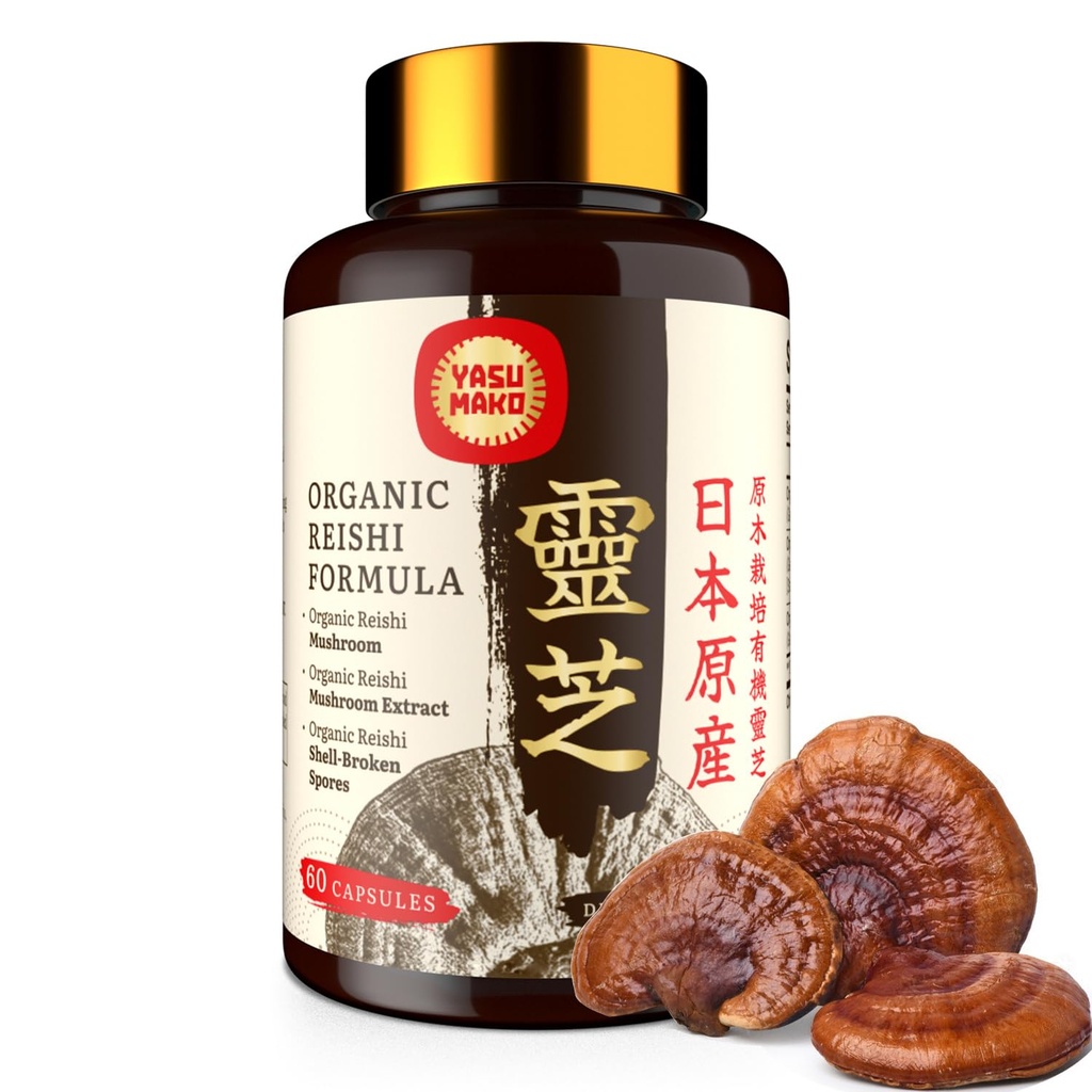 Japansk Reishi Mushroom Supplement 800mg med Reishi Mushroom Extract 500mg & Shell- Broken Spores 200mg, Organic Mushroom Capsules for immunsystem - Real Fruiting Body (pakning med 1)