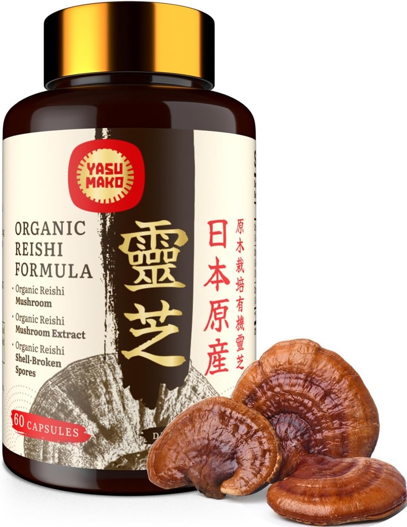 Japansk Reishi Mushroom Supplement 800mg med Reishi Mushroom Extract 500mg & Shell- Broken Spores 200mg, Organic Mushroom Capsules for immunsystem - Real Fruiting Body (pakning med 1)