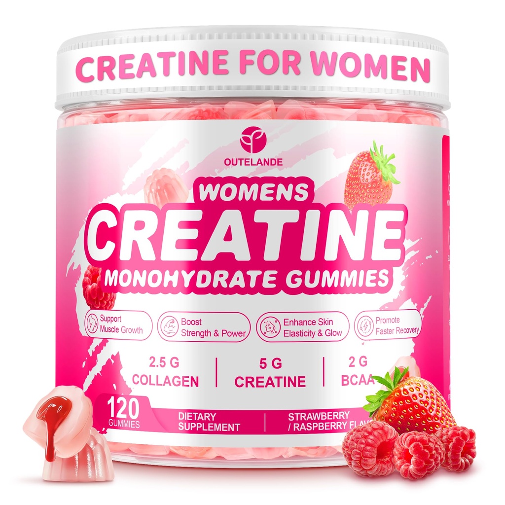 Creatine for Women, Creatina Monohidratada Gummies with Collagen & BCAA, Creatine Supplement for Enhanced Muscle Growth, Energy Boost with L-Carnitine & Taurine, Sugar Free, Strawberry Flavor-120 Ct
