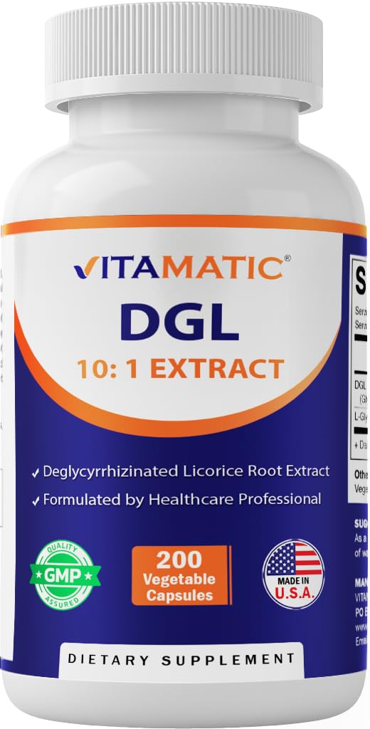 Vitamatic DGL Lakrids 3800 mg Ækvivalent per servering (fra 10: 1 Extract 380 mg) - 10X stærkere - Understøtter sunde fordøjelsesfunktioner og luftvejsfunktioner - 200 kapsler