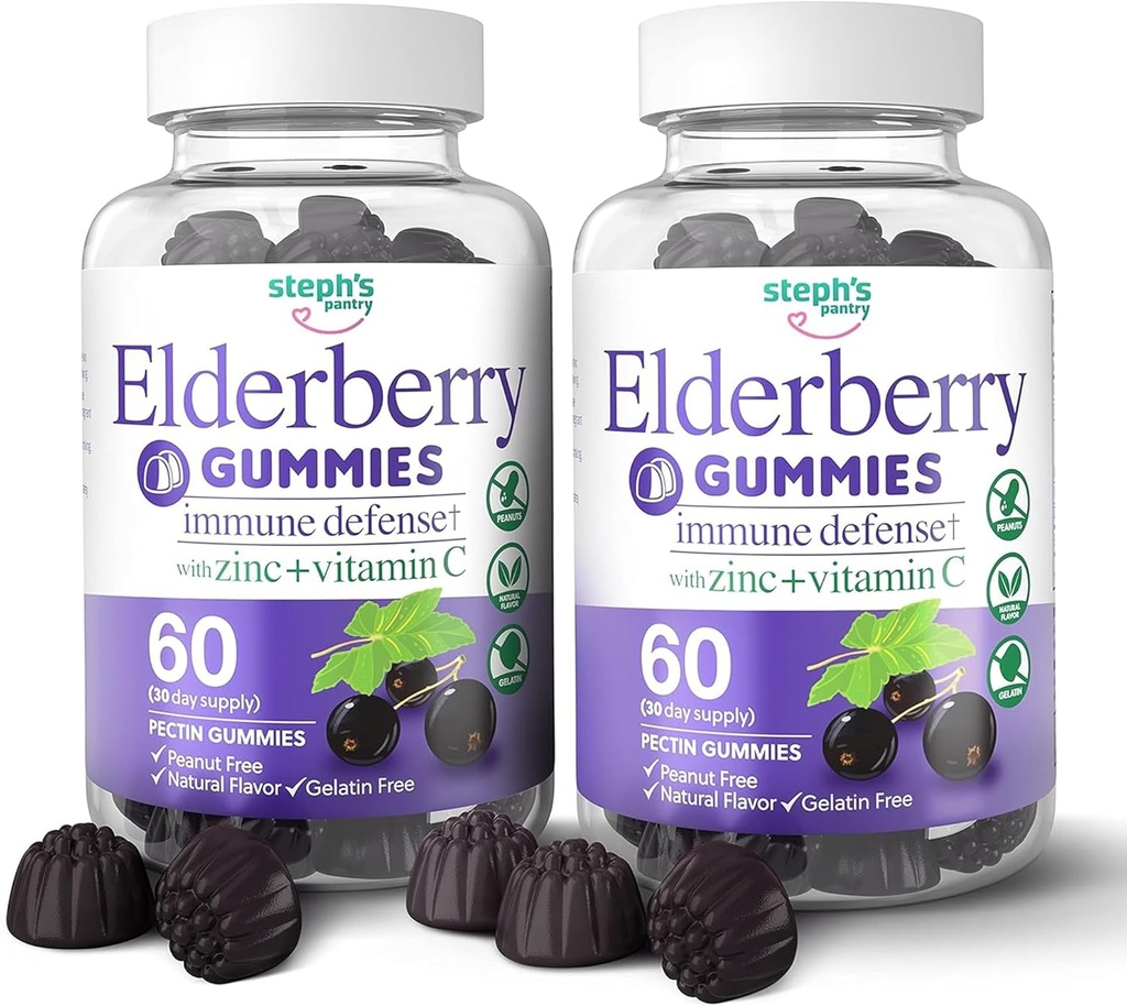 Elderberry Gummies med C-vitamin og zink - immunbooster Elderberry Gummies For voksne og børn - Veganske naturlige ingredienser Defense Multivitaminer med antioxidant Support (120 Gummies)