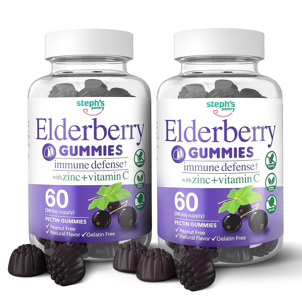 Elderberry Gummies med C-vitamin og zink - immunbooster Elderberry Gummies For voksne og børn - Veganske naturlige ingredienser Defense Multivitaminer med antioxidant Support (120 Gummies)