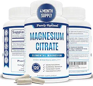 Rent Optimal Magnesium Citrate 500mg - Magnesium supplement til fordøjelsessygdomme, genert Obstipation Relief, Muskel & Søvnstøtte, rolig & afslapning - Høj Absorption, 120 Easy- to- Swallow Caps