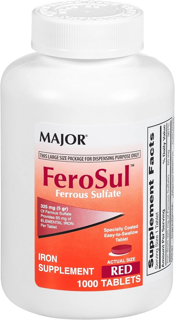 Major FeroSul - Ferrosulfate 325 mg tabletter - jerntilskud til kvinder og mænd - specielt behandlet Easy- to- Swallow tabletter - Rød - 1000 Tabletter