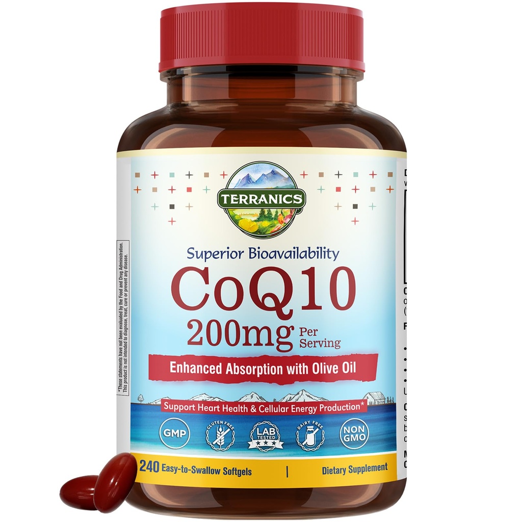 Terranics CoQ10 200mg, Coenzyme Q10 Supplement with Extra Virgin Olive Oil for Enhanced Absorption, Made in USA, Supports Heart Health, Antioxidant Protection, Energy Production, Non-GMO, 240 Softgels
