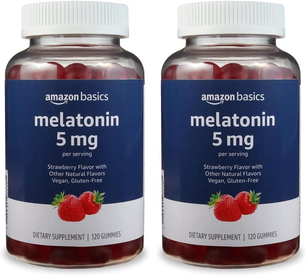 Grundlæggende Melatonin 5mg, 120 Gummies (2 per Serving), Jordbær (Tidligere Solimo) (Pack of 2)