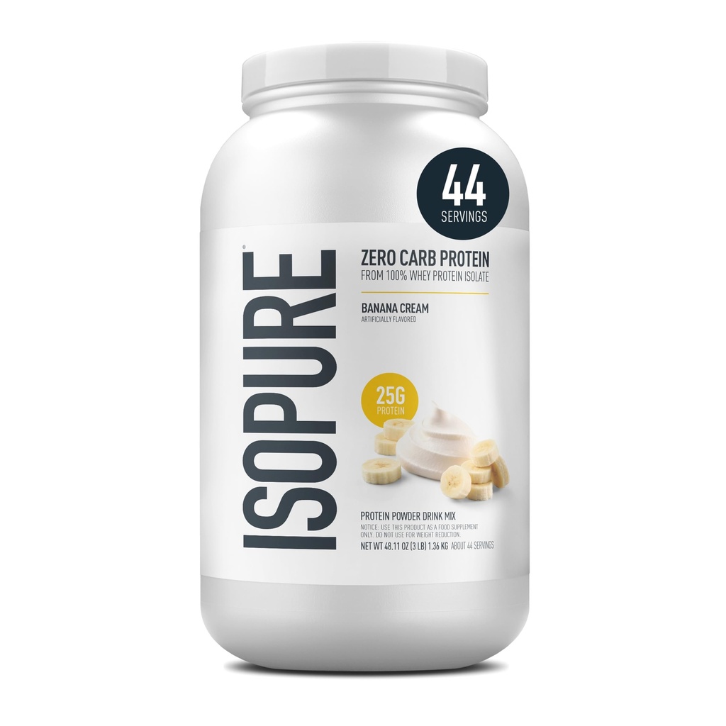 Isopure Zero Carb 100% Pure Whey Isolate Protein Powder, Lactose Free, Gluten Free, Med vitaminer, Banan Cream, 25g Protein Per Servering, 3 Lbs, 44 Servering (Packaging May Vary)
