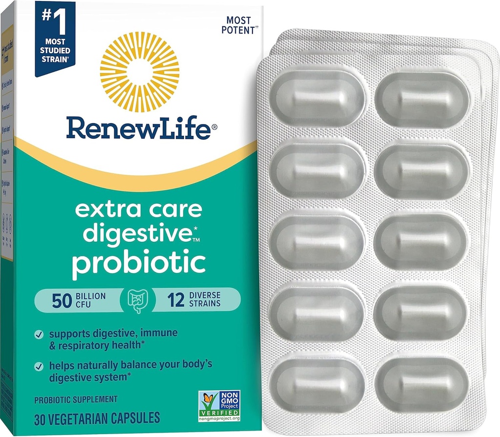 Renew Life Extra Care Go- Pack Probiotiske kapsler, Dagligt tillæg støtter immunforsvar, fordøjelsessygdomme og åndedrætssygdomme, L. Rhamnosus GG, Dairy, Soy og glutenfri, 50 milliarder CFU, 30 Ct