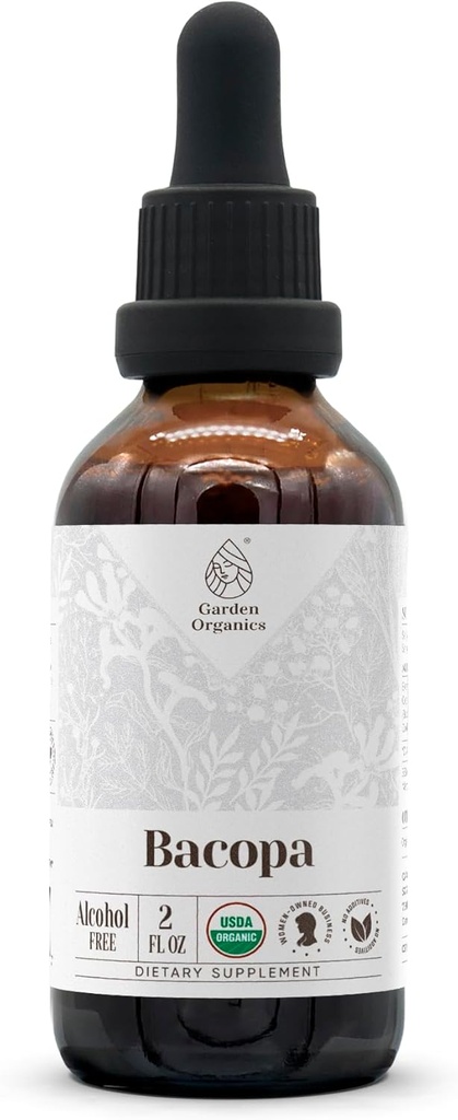 Bacopa USDA Organic Measures 124; Alkoholfri ekstrakt, Organic Herbal Drops, Supplement, Afslapning, Positive Cognitive Effect