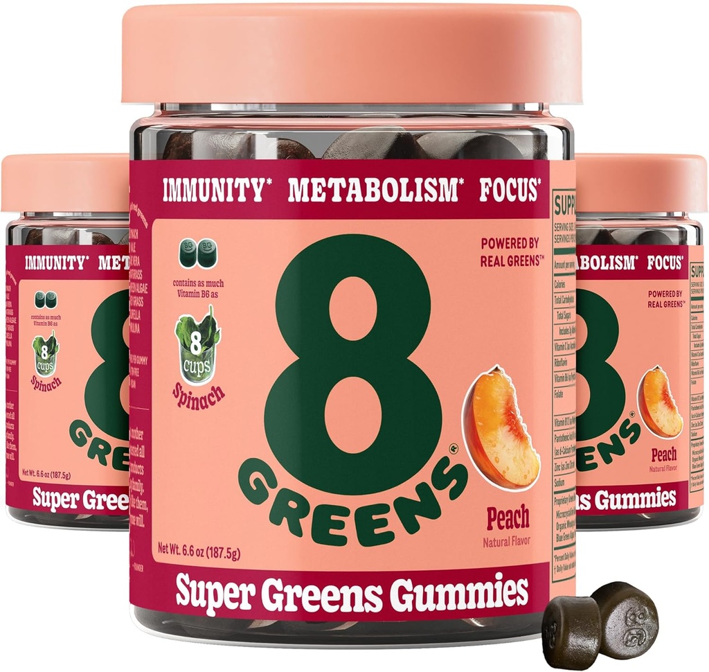 8Greens Supergreens Gummies Buddy 124; Super Green Powder Superfood Gummy for Metabolisme, Immunitet & Fokus, fordøjelsessygdomme Enzymer, Organisk: Chlorella, Spirulina, Aloe Vera, Peach Flavor, 150 Greve