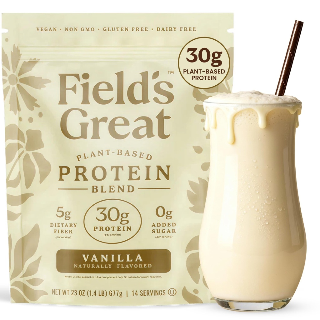 Field's Great All-in-One Plant-Based Vanilla Protein Shake Powder - Healthy Aging, 30g Protein, 5g Fiber + Probiotics, Gut-Friendly, Blood Sugar & Muscle Support, Vegan Meal Replacement, GLP1, 23oz