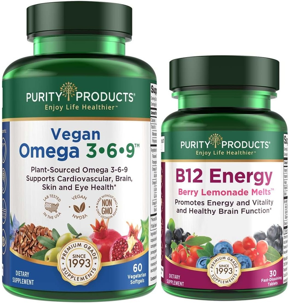 Renhed produkter Bundle - Vegan Omega 3-6-9 + B-12 Energy Smelt Omega 3-6-9 ("5 i 1" Plantbaseret Omega 3 6 9 Essential Fede Acid Complex) - B12 Berry Smelt (Methylcobalamin B12 + B6 + D3 + Mere)
