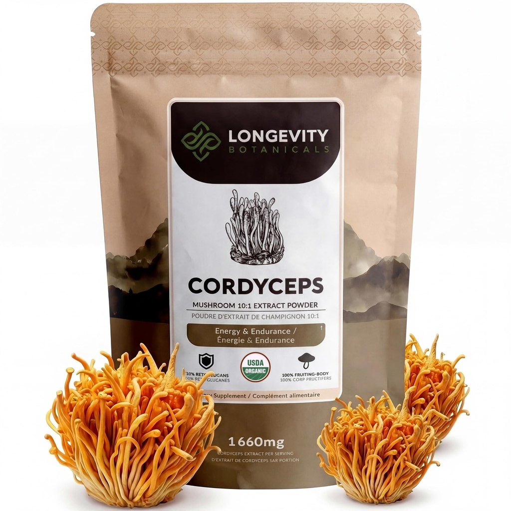 Longevity Botanicals Organic Cordyceps Mushroom Extract Powder 100g · 124; Koncentreret 10: 1 Ratio · 124; 100% Fruiting Krops- 124; Cordyceps Militars Natural Supplement for Energy, Stamina & Respiratory Support
