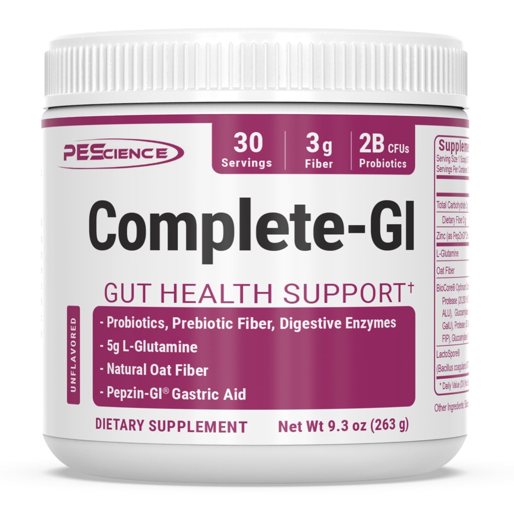 PEScience Complete-GI Gut Health Powder, Probiotics for Women and Men, Digestive Enzymes, Prebiotic Fiber, L-Glutamine, Pepzin GI Zinc Carnosine - Unflavored, 30 Servings