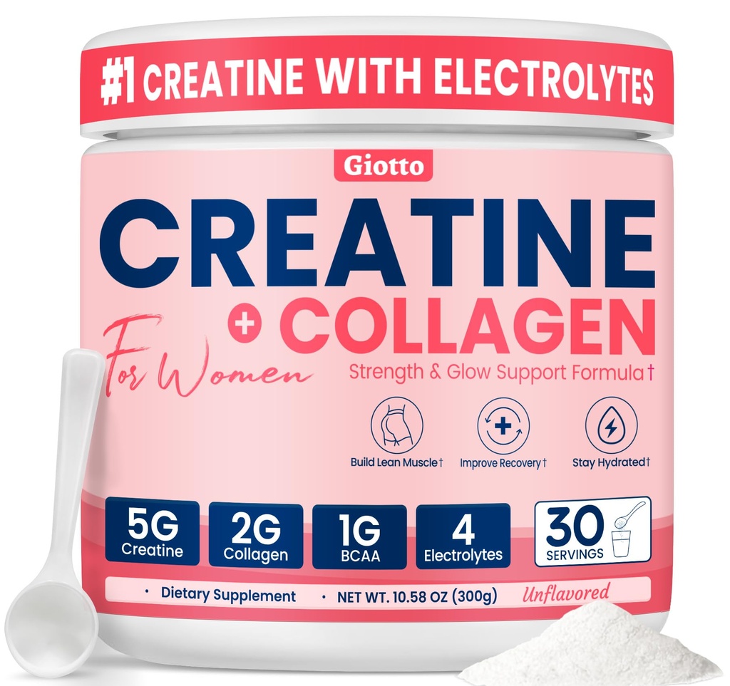 Giotto Creatine Powder with Collagen, BCAAs & Electrolytes for Women – 5g Monohydrate Creatine Per Serving for Strength, Lean Muscle, Recovery & Hydration – Unflavored, 30 Servings