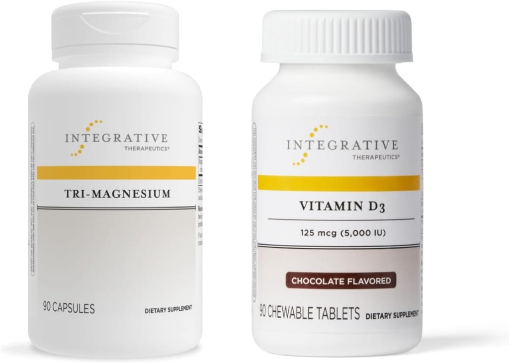 Integrativ terapi Bundle med tri- Magnesium, 90 Kapsler og vitamin D3 125 mcg, 90 Flavored Chewables - Understøtter hjertefunktion & Bone Health * - Bone Health Support
