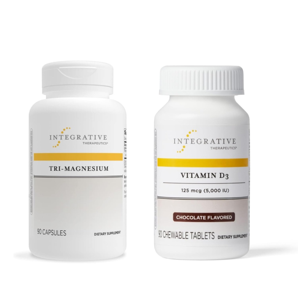 Integrativ terapi Bundle med tri- Magnesium, 90 Kapsler og vitamin D3 125 mcg, 90 Flavored Chewables - Understøtter hjertefunktion & Bone Health * - Bone Health Support