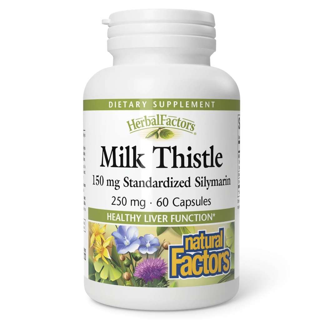 Natural Factors HerbalFactors Milk Thistle - Daily Supplement for Liver Health - Silymarin-Rich Herbal Extract - Healthy Liver Function - Gluten-Free, Dairy-Free & Non-GMO - 60 Capsules (60 Servings)