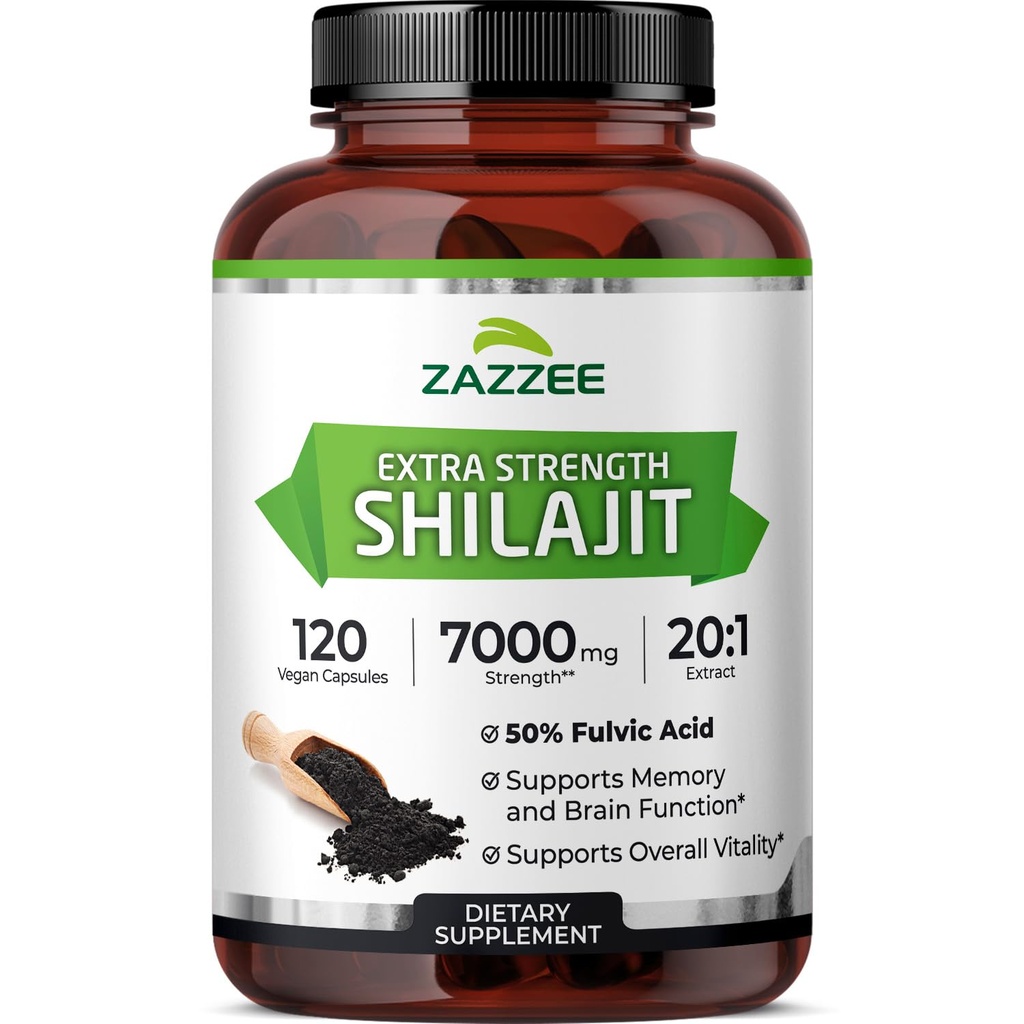 Zazzee 100% Pure Himalayan Shilajit 20: 1 Extract, 7000 mg Styrke per kapsel, 50% Fulvic Acid, 120 Servere per flaske, 20X potens, Rich in Trace Minerals, Non- GMO, Vegan, Made in USA