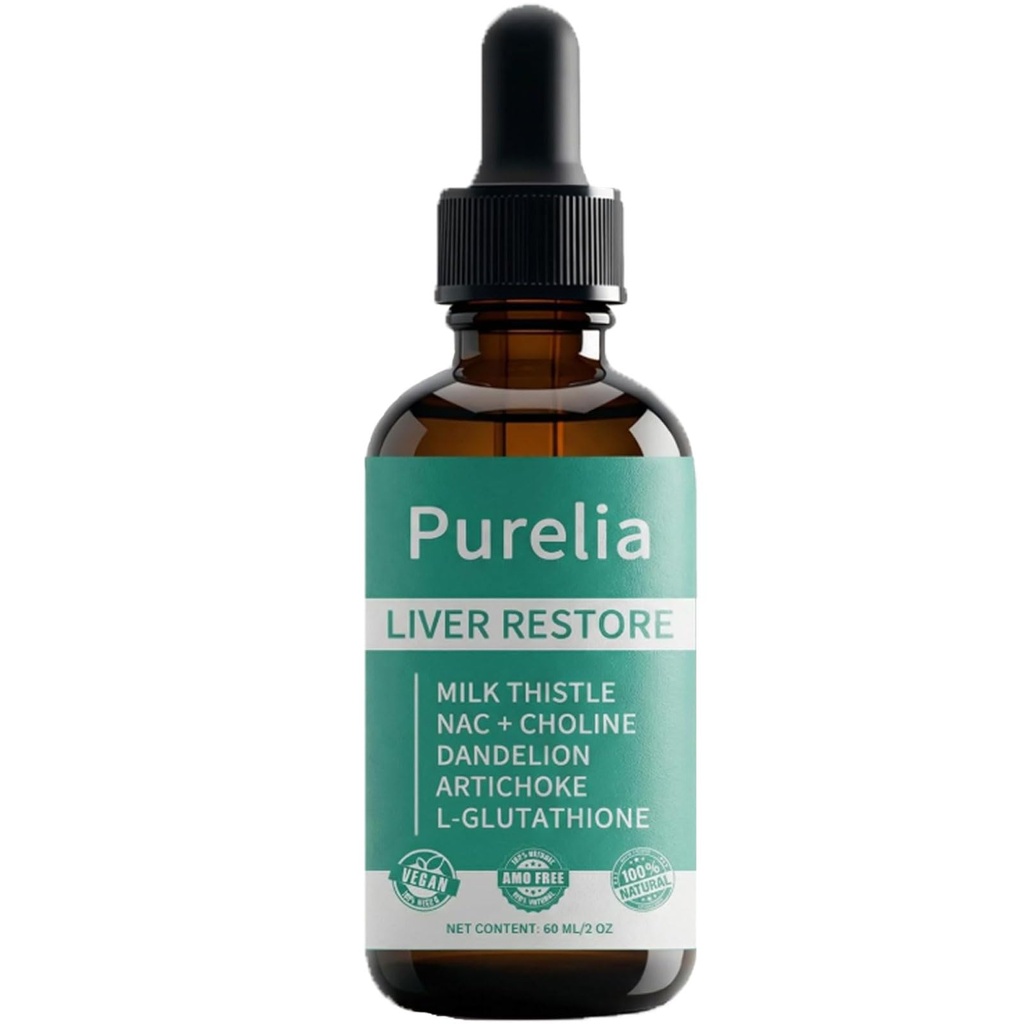 Purelia Liver Restore - Complete Liver Detox Support Liquid Drops with Milk Thistle, Dandelion, Choline, L-Glutathione for Liver Cleanse (1)