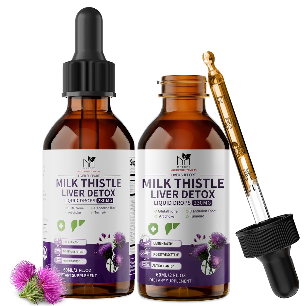 MABEFY Milk Thistle Liquid Drops 2 Pack – Liver Support Supplement with 80% Silymarin, Artichoke Leaf, Dandelion Root & Glutathione – Antioxidant Support – Vegan, Non-GMO, 4 Fl Oz