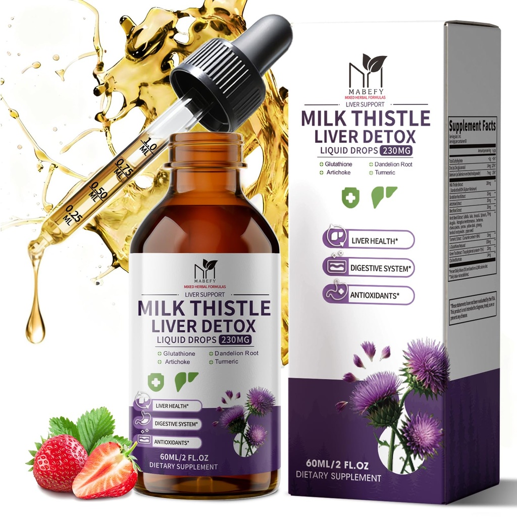 MABEFY Milk Thistle Liver Support Drops – Liquid Herbal Supplement with Silymarin, Dandelion, Artichoke & Turmeric – Antioxidant Support for Liver Health – Vegan, Non-GMO, 2 Fl Oz