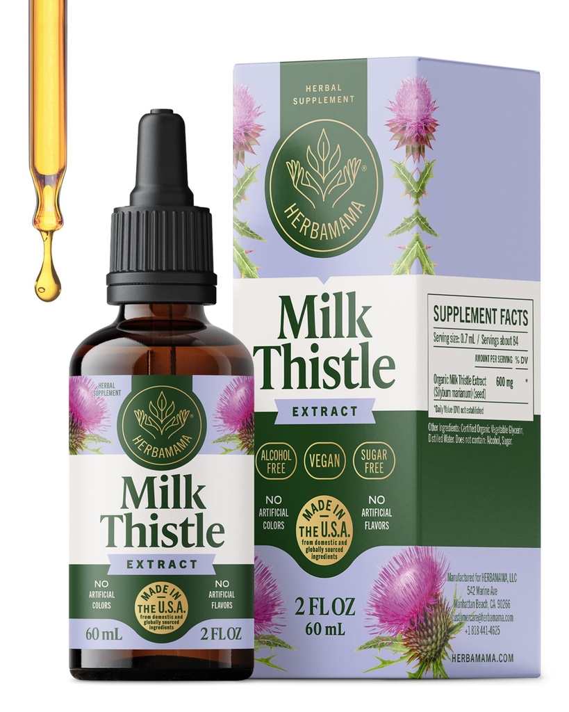 HERBAMAMA Milk Thistle Supplement for Liver Detox Cleanse – Liver Support Supplement – Silymarin Milk Thistle Tincture – Vegan, Non-GMO, Alcohol & Sugar-Free, 28-Day Supply