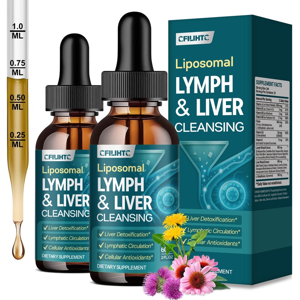 2PCS Liposomal Lymphatic Drainage Drops - 21 in 1 Liver Cleanse Detox & Repair with Milk Thistle, Echinacea, Burdock Root, Liposomal Glutathione, Vitamin Complex ''Lymph-Liver'' Gut & Metabolic Health