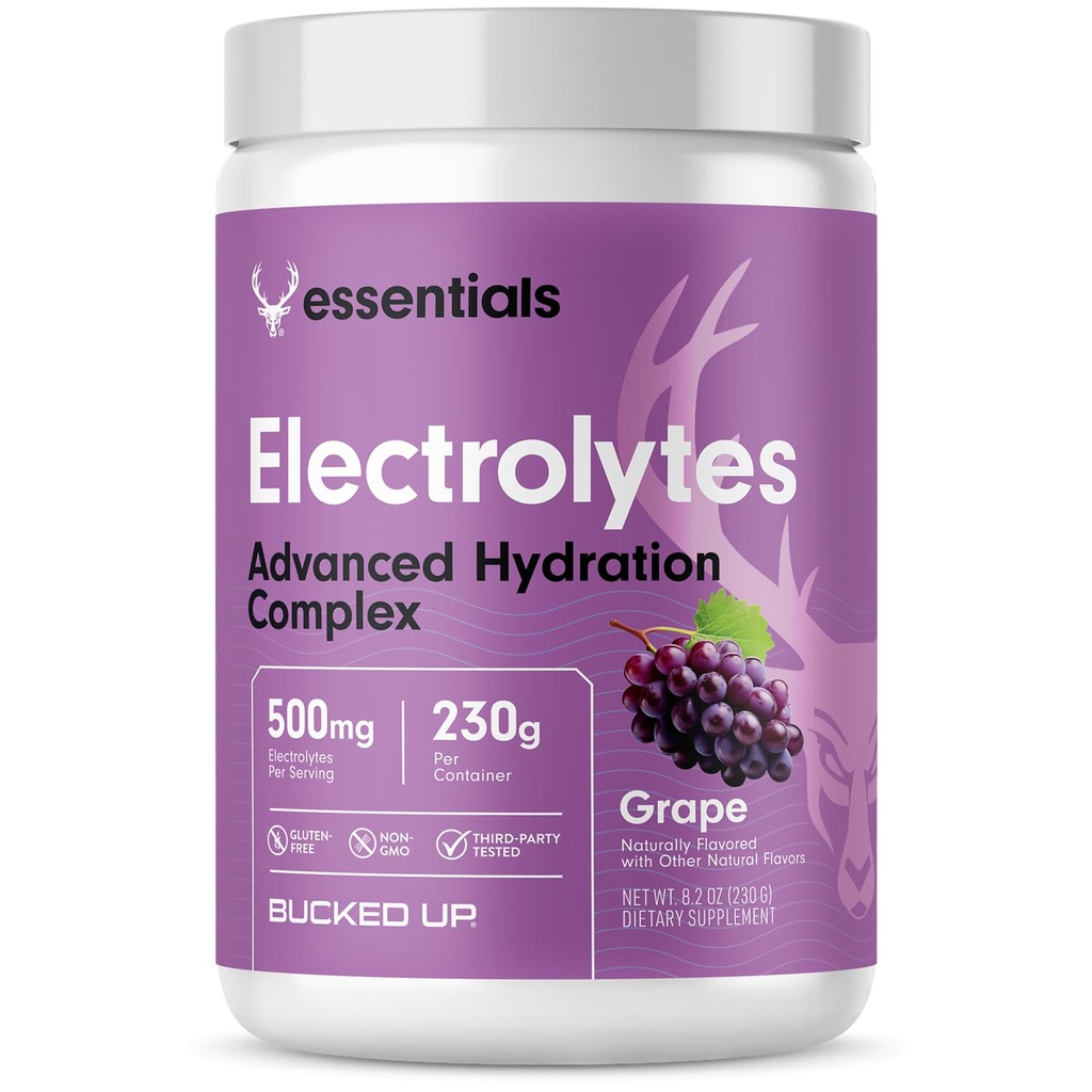 Bucked Up Essentials Electrolytes Grape | Advanced Hydration Complex with 500 mg Electrolytes Per Serving | Gluten Free Non GMO Third Party Tested Drink Mix | 230g (50 Servings)