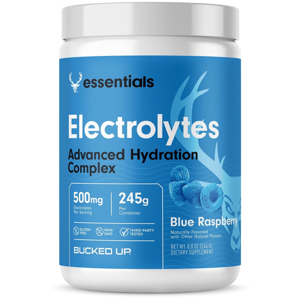 Bucked Up Essentials Electrolytes Blue Raspberry | Advanced Hydration Complex with 500 mg Electrolytes Per Serving | Gluten Free Non GMO Third Party Tested Drink Mix | 230g (50 Servings)