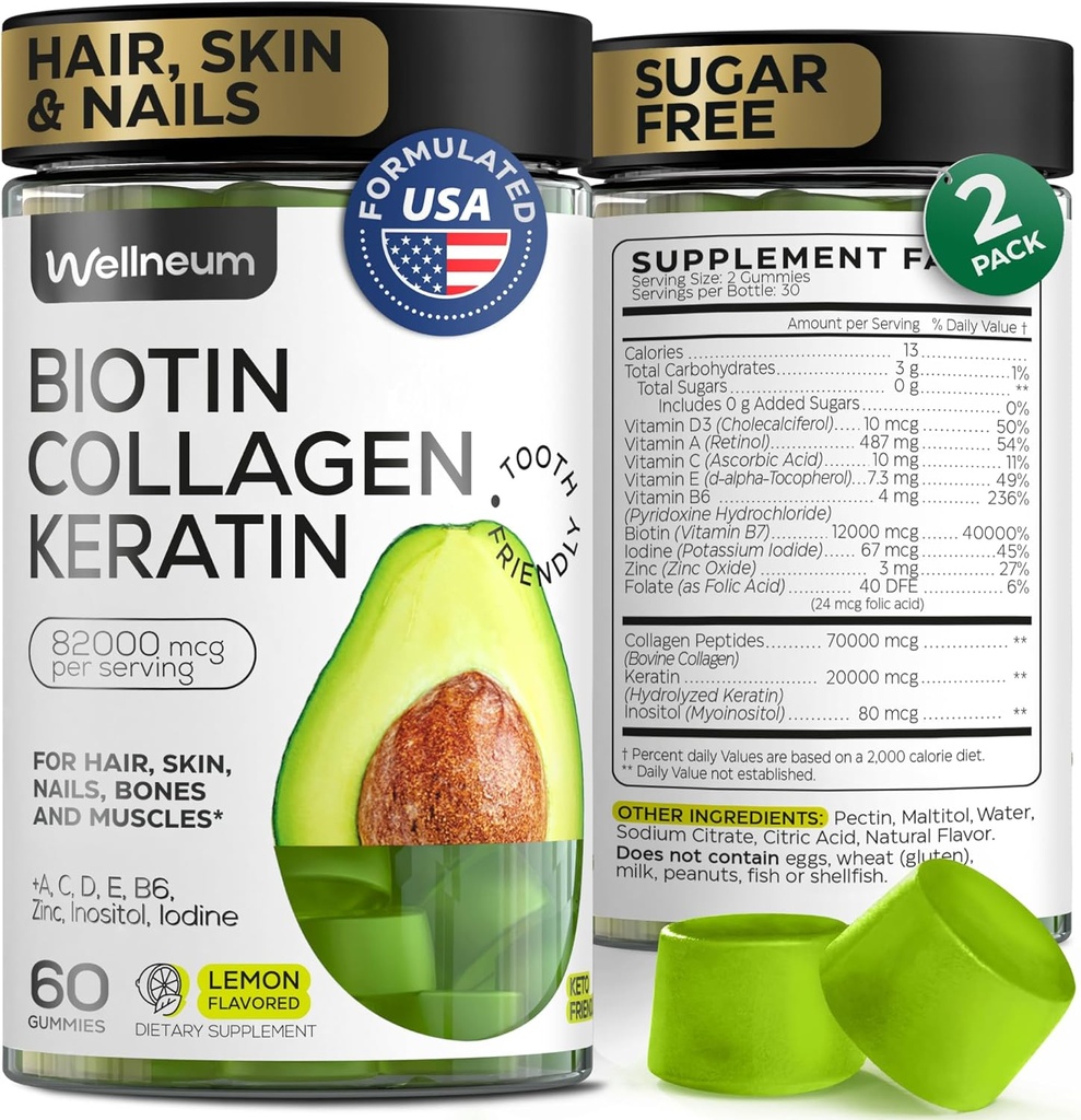 Biotin og Collagen Peptid Gummier for hårvækst, hud og negle 120 stk. (2 Pack) - 82000 Mcg - Biotin Chewables med Keratin Max Strength - Skønhed Gummies for kvinder og mænd - Sukker fri, ikke-GMO