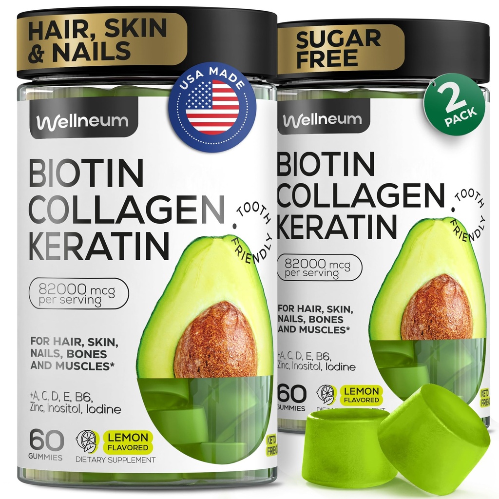 Biotin og Collagen Peptid Gummier for hårvækst, hud og negle 120 stk. (2 Pack) - 82000 Mcg - Biotin Chewables med Keratin Max Strength - Skønhed Gummies for kvinder og mænd - Sukker fri, ikke-GMO