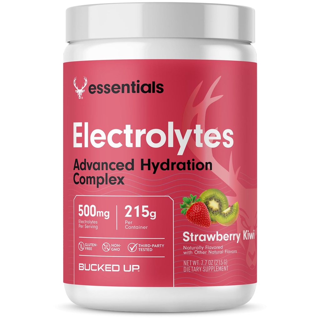 Bucked Up Essentials Electrolytes Strawberry Kiwi | Advanced Hydration Complex with 500 mg Electrolytes Per Serving | Gluten Free Non GMO Third Party Tested Drink Mix | 230g (50 Servings)