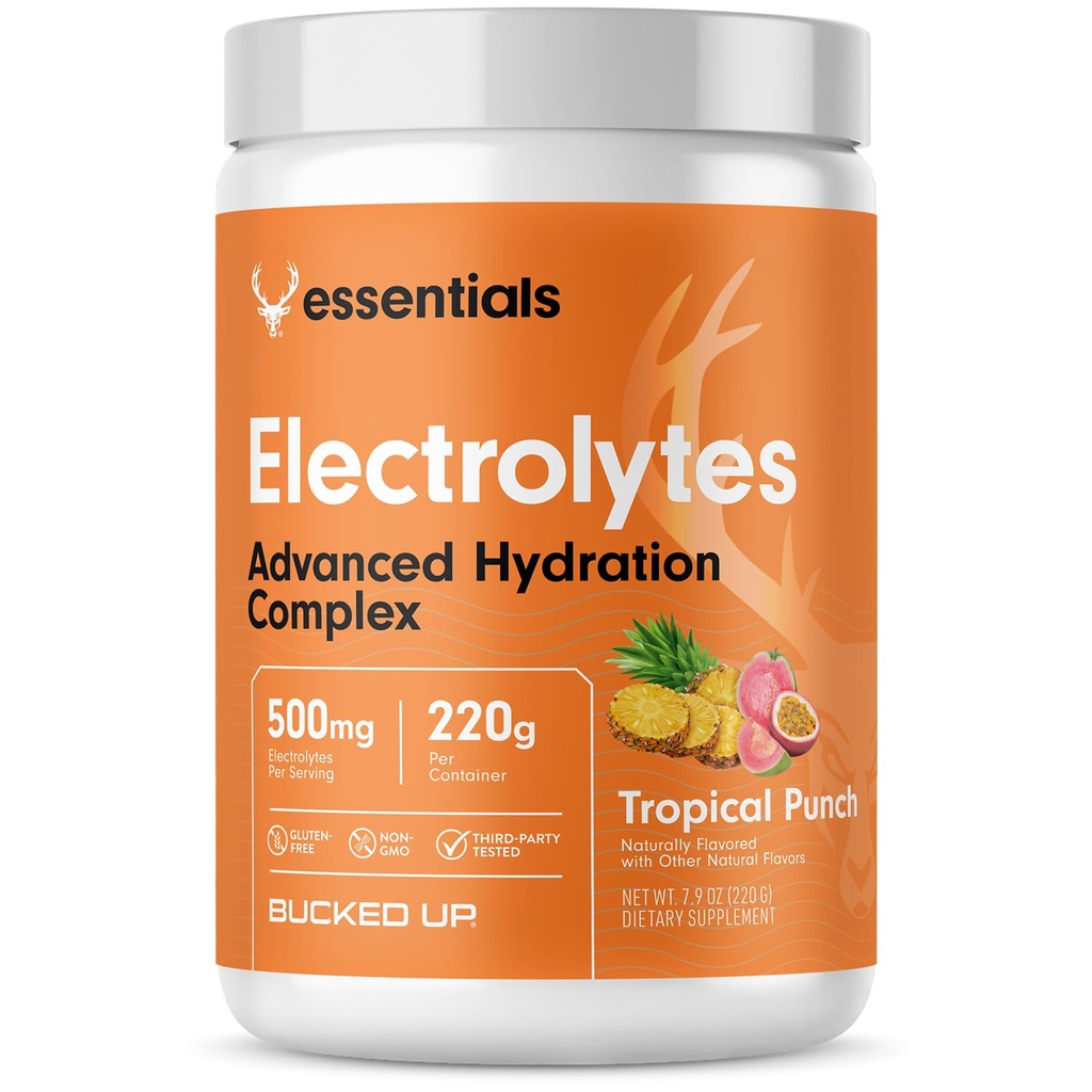 Bucked Up Essentials Electrolytes Tropical Punch | Advanced Hydration Complex with 500 mg Electrolytes Per Serving | Gluten Free Non GMO Third Party Tested Drink Mix | 230g (50 Servings)