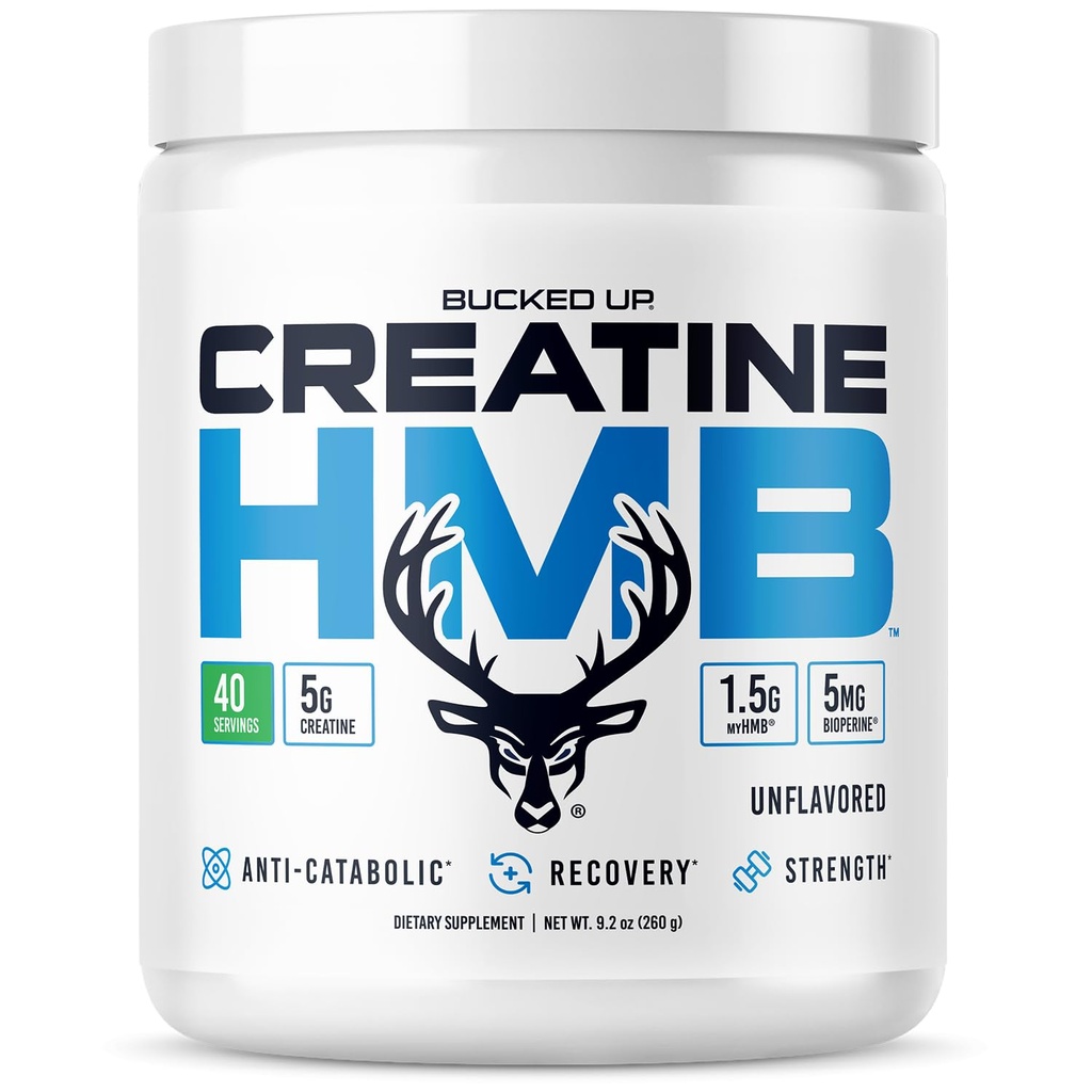 Bucked Up Creatine HMB Unflavored | 5g Creatine Monohydrate with 1.5g myHMB and 5mg BioPerine | Dietary Supplement Powder for Men and Women (40 Servings)